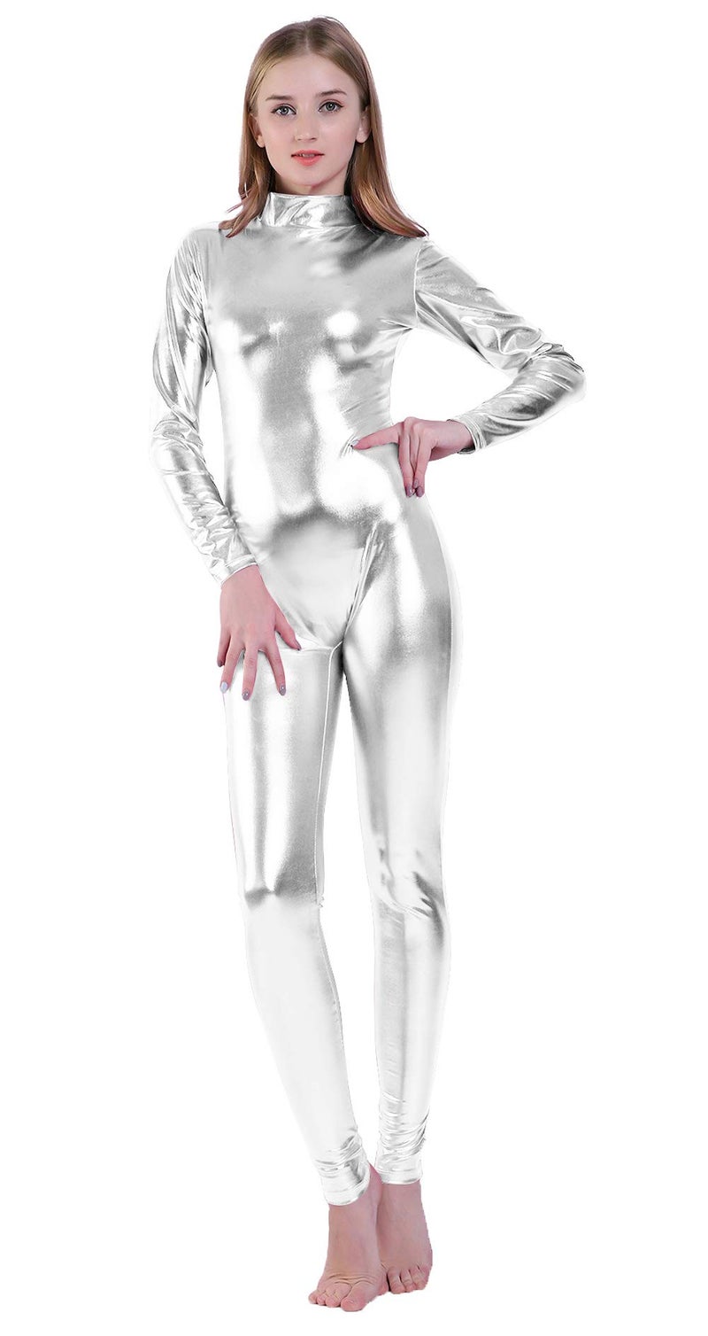 Kepblom Shiny Metallic Unitard Turtleneck Long Sleeve Footless Zentai Suit Catsuit Dancewear - Image 1